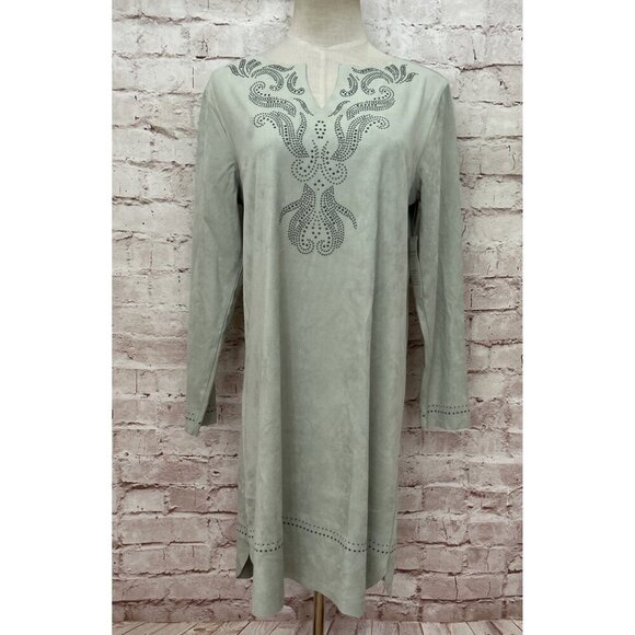 Soft Surroundings Petite S Ambrosia Shift Dress Studded Green Faux Suede NEW - Picture 1 of 4